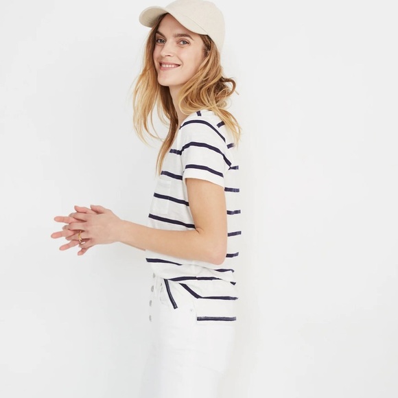 Madewell Whisper Cotton V-Neck Pocket Tee in Creston Stripe Size Small - Picture 4 of 9